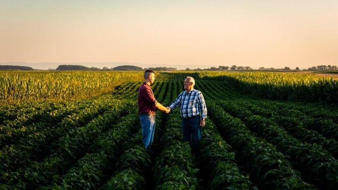 vieil-et-jeune-agriculteurs-se-serrant-la-main-dans-un-champ